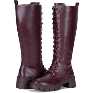 Women's Red Pu 953 Chunky Platform Heel Lace Gothic Knee High Combat Boots